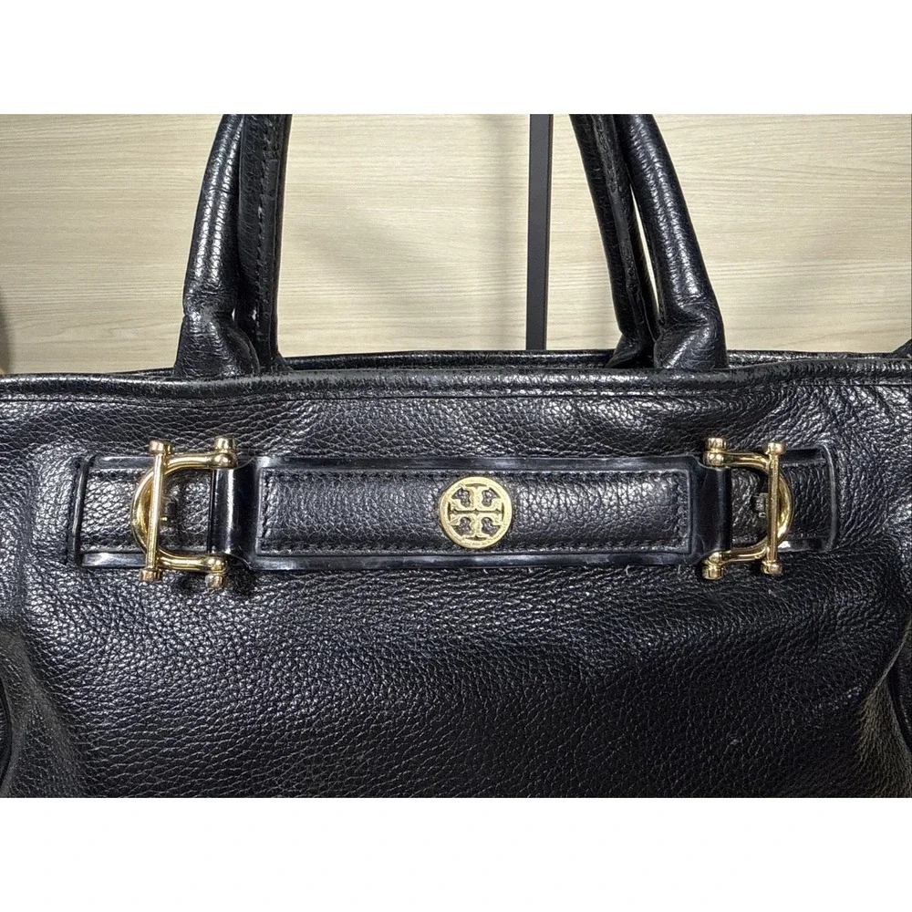 Tory Burch Horsebit Jaden Black Pebbled Leather Satchel Shoulder Bag‎ pre owned